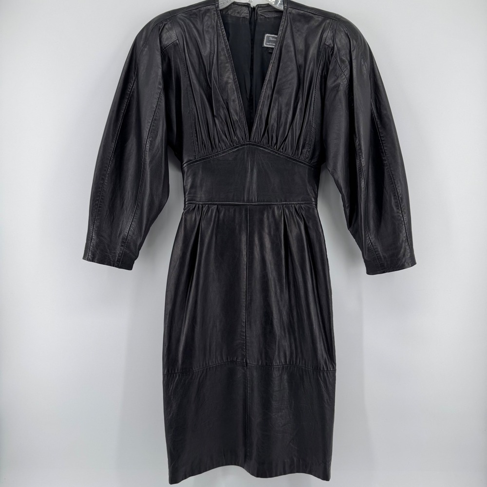 Michael Hoban North Beach Leather Dress Womens XS Black 80s Vintage Puff Sleeve